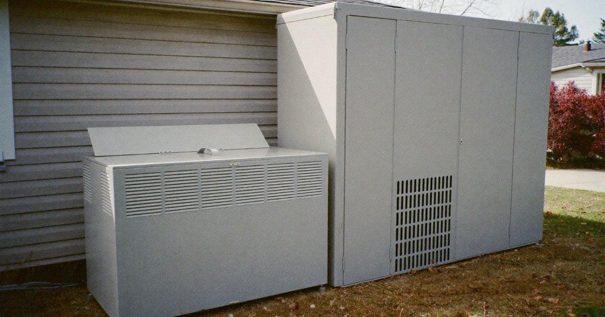 Compact air-cooled standby generator next to a larger cabinet-style generator beside a house