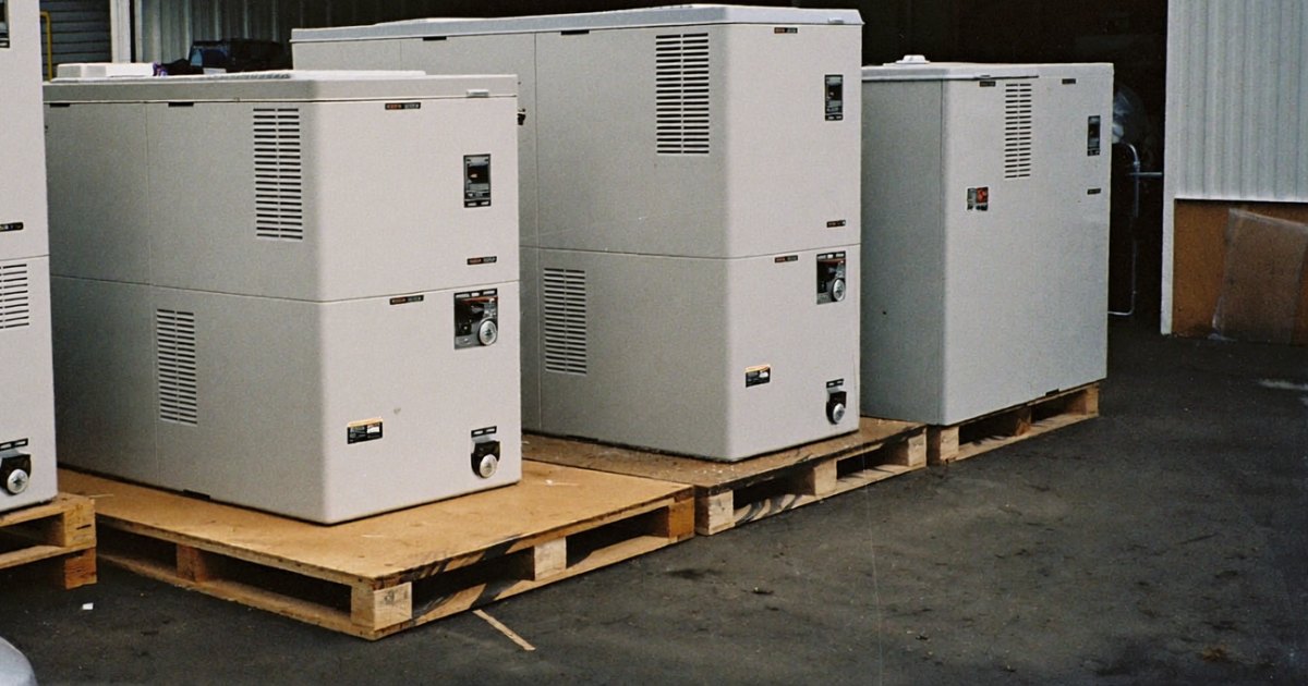 Several standby generators of different sizes at a dealer yard