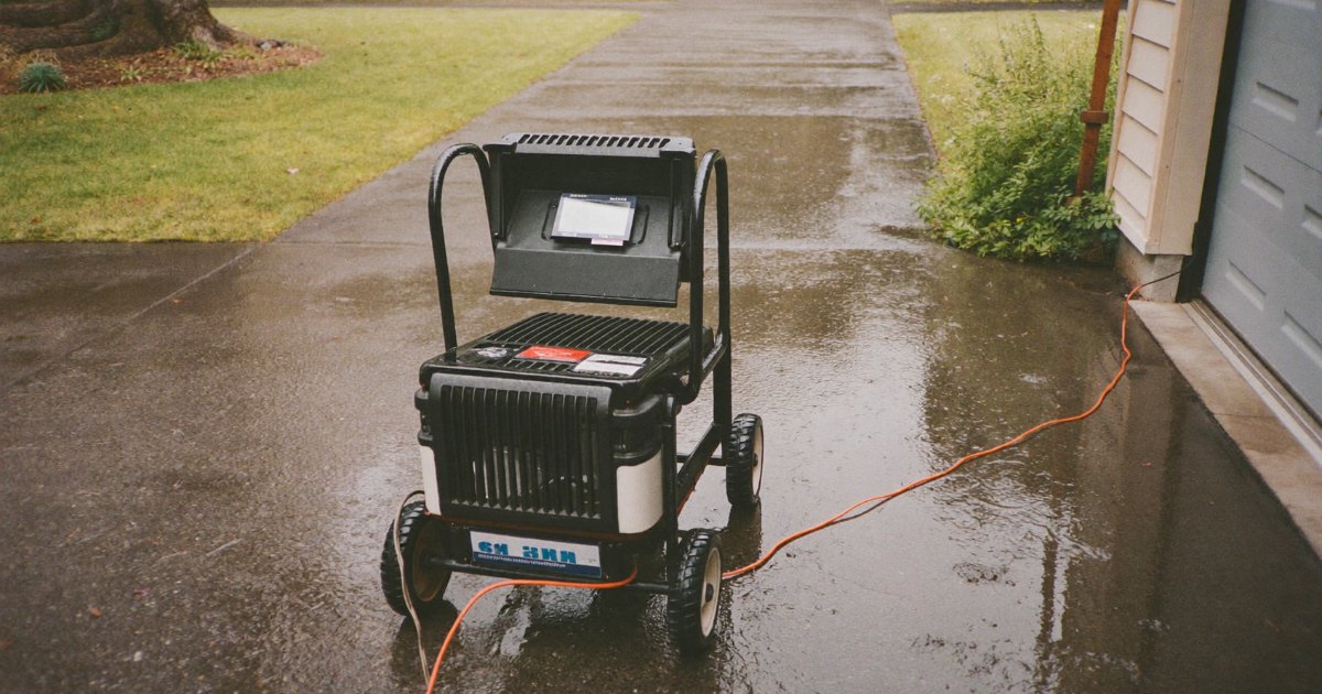 Portable generator running on a wet driveway away from the house