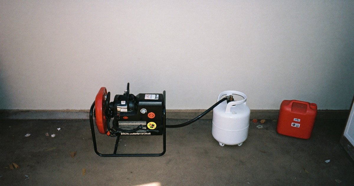 Portable generator connected to a propane cylinder with a gasoline can nearby