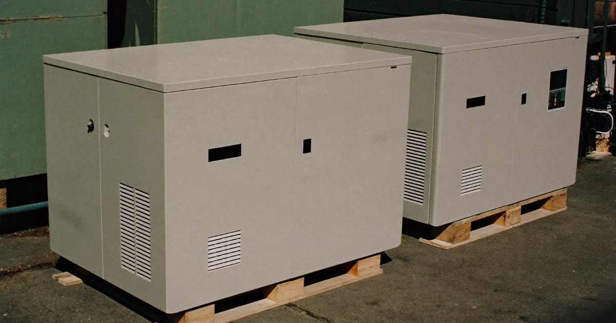 Two standby generators side by side on pallets