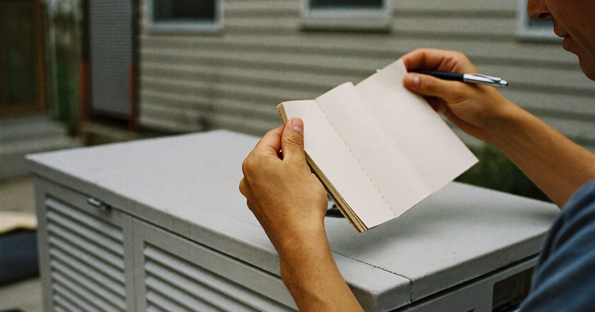 Homeowner reading a warranty booklet on top of a standby generator