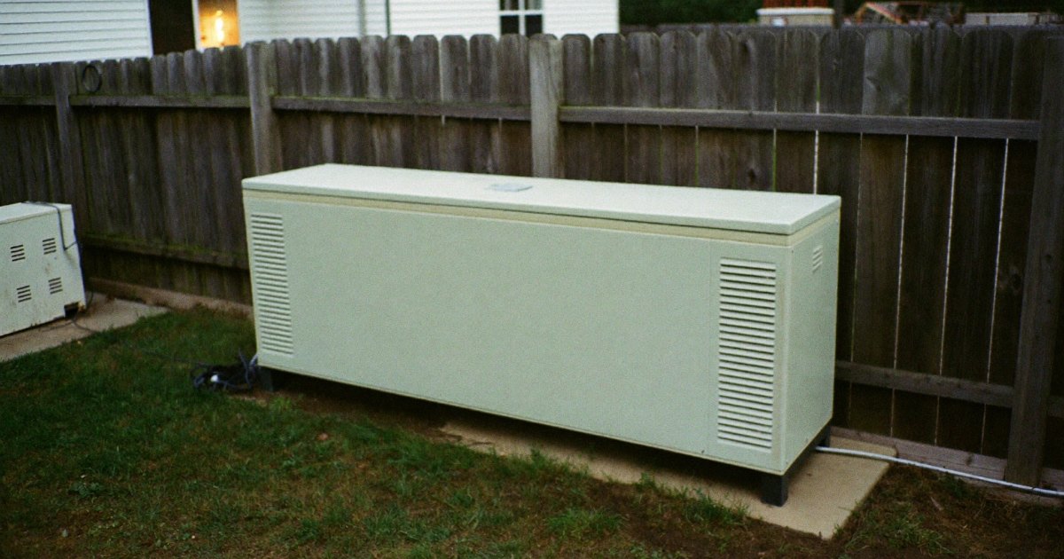 Standby generator beside a house at dusk next to a neighbor fence