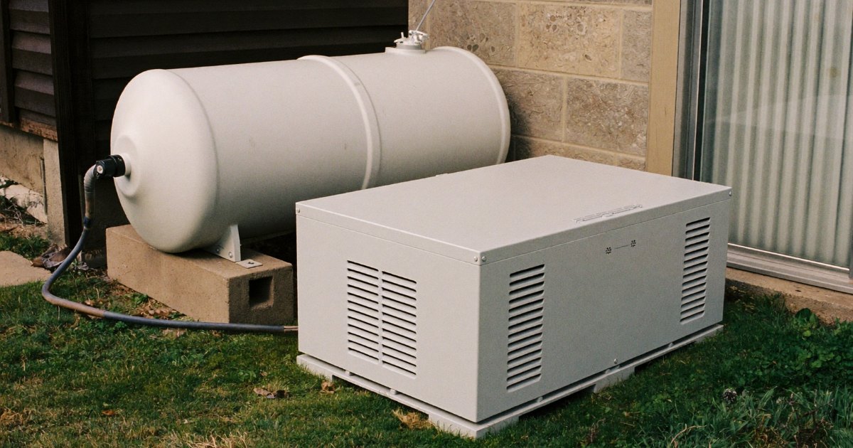 Large propane tank and standby generator in a rural backyard